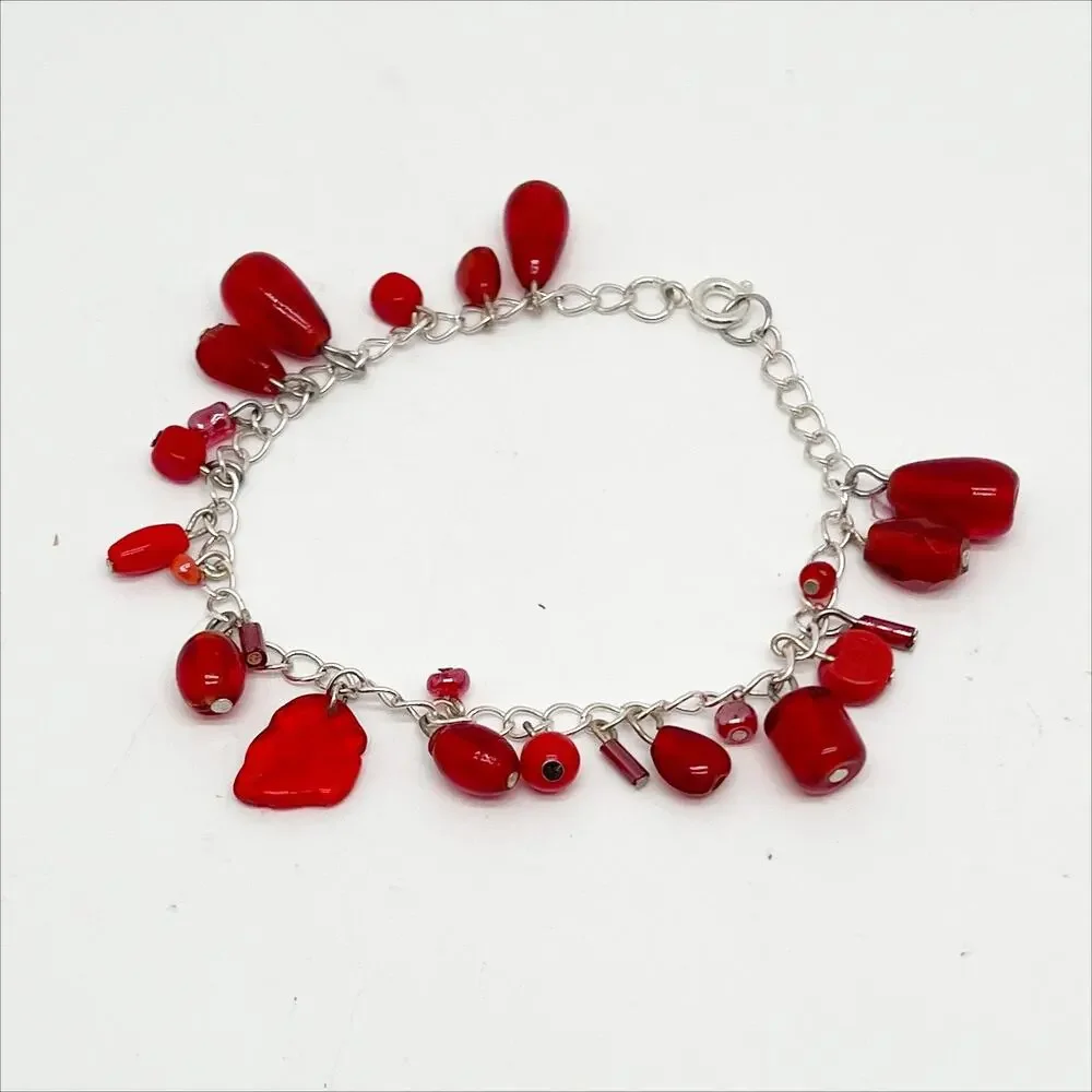 Handmade Silver Tone Chain Bracelet with Red Bead Dangles Charms Hand Crafted